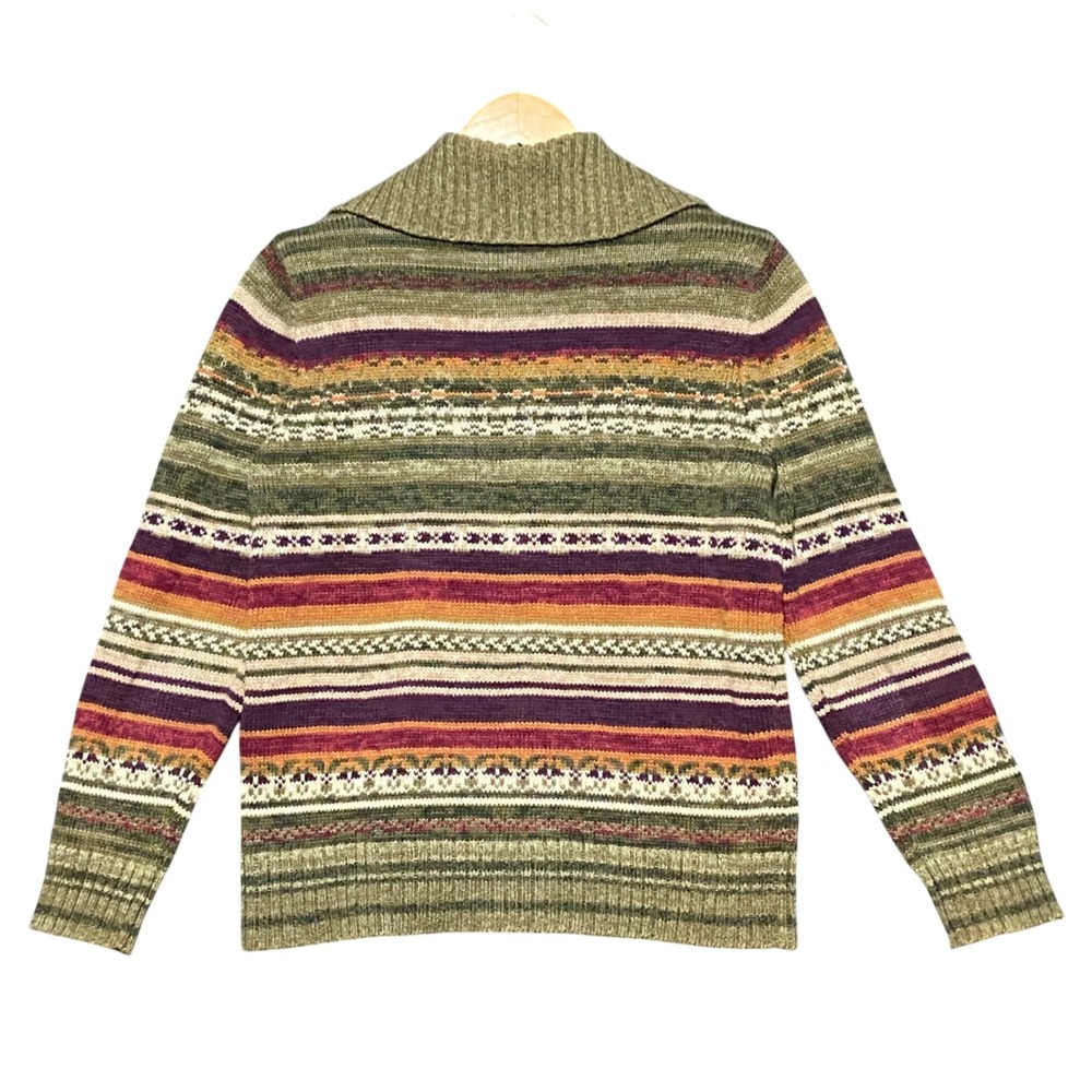 Classic Elements Petite S Zip Up Cardigan Sweater Multicolored Stripes Fair Isle - Picture 2 of 10